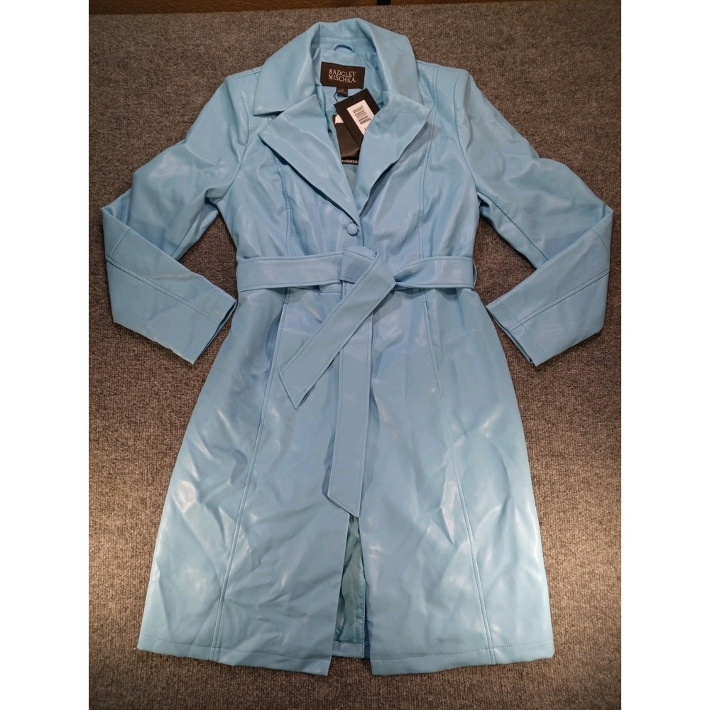 NWT Badgley Mischka Vegan Leather Trench Coat Women S Sea Blue Belted Jacket